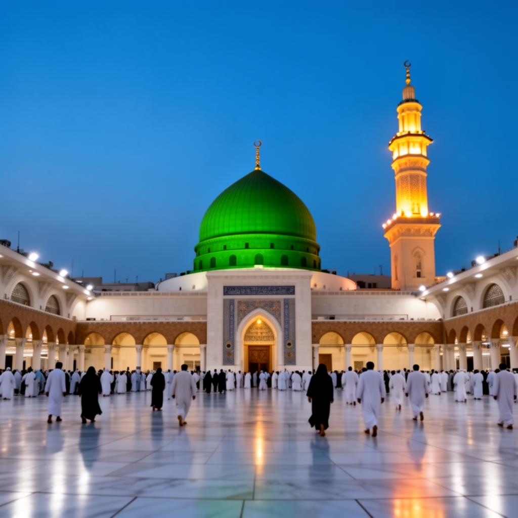 The green dome of the Prophet's Mosque in Madinah at twilight