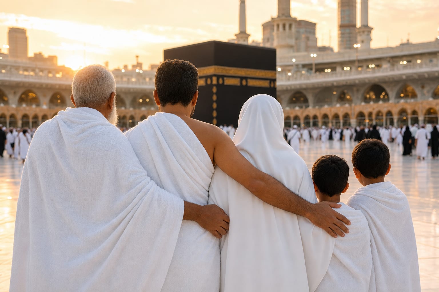 Family seen from behind in ihram, facing the Kaaba together during a reunion Umrah