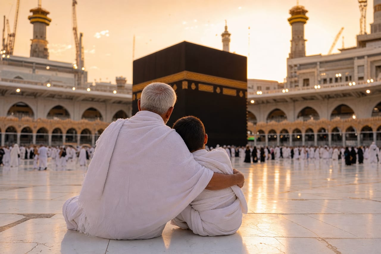 Grandfather and grandson in ihram, seen from behind, facing the Kaaba at sunset